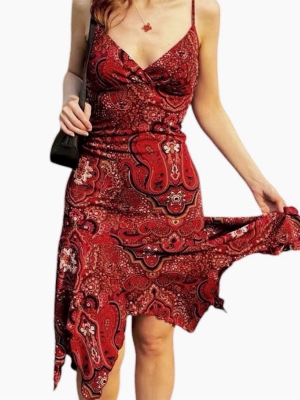 Le Chateau | Vintage Y2K | Red Paisley Asymmetrical Spaghetti-Strap Dress
